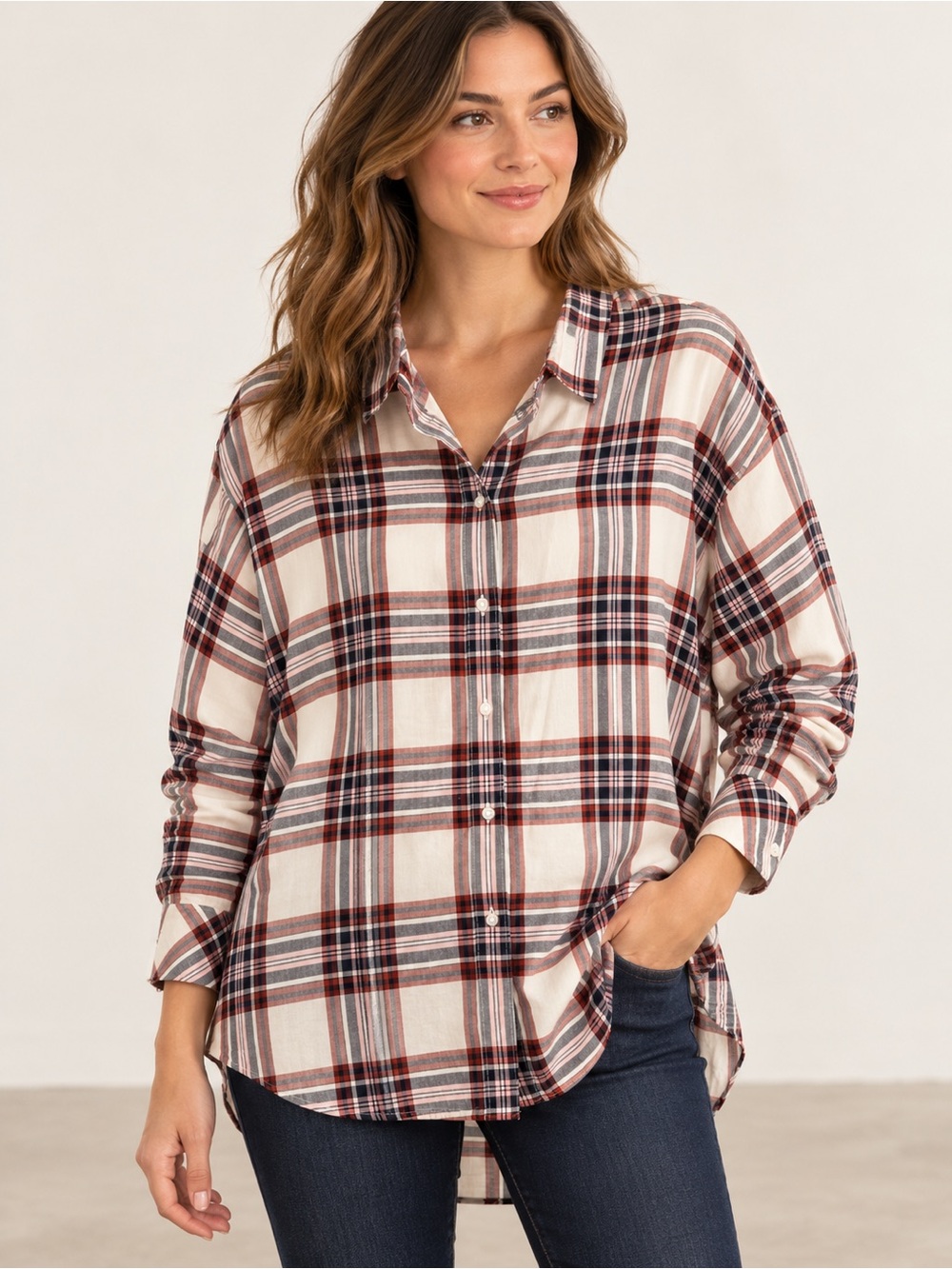 Barbour Bethwin Cloud Check Plaid Relaxed Button-Down Shirt Women’s Size 10
